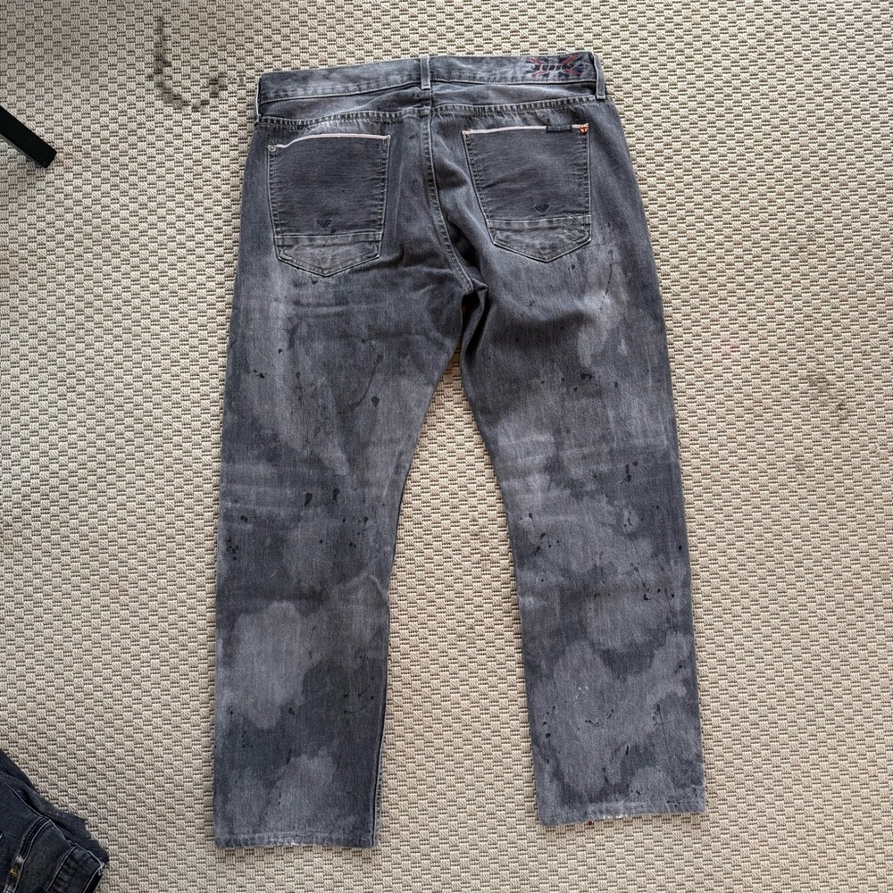 Hudson grey paint splatter selvedge denim british flag pin jeans